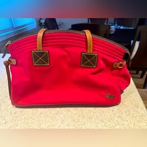 Vintage Dooney & Bourke Victoria Nylon Tote, Red w/ hot pink interior, leather
